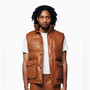 NWOT Smoke Rise Men's Utility Vegan Leather Vest Jacket in Cognac Size Medium